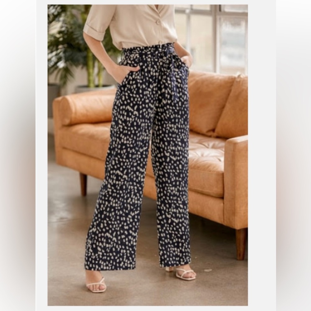 Lulu’s - Spotted You Navy Blue Leopard Print Paperbag Waist Pants